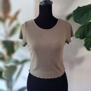 Olive Cropped Ribbed Lettuce-Edge Tee